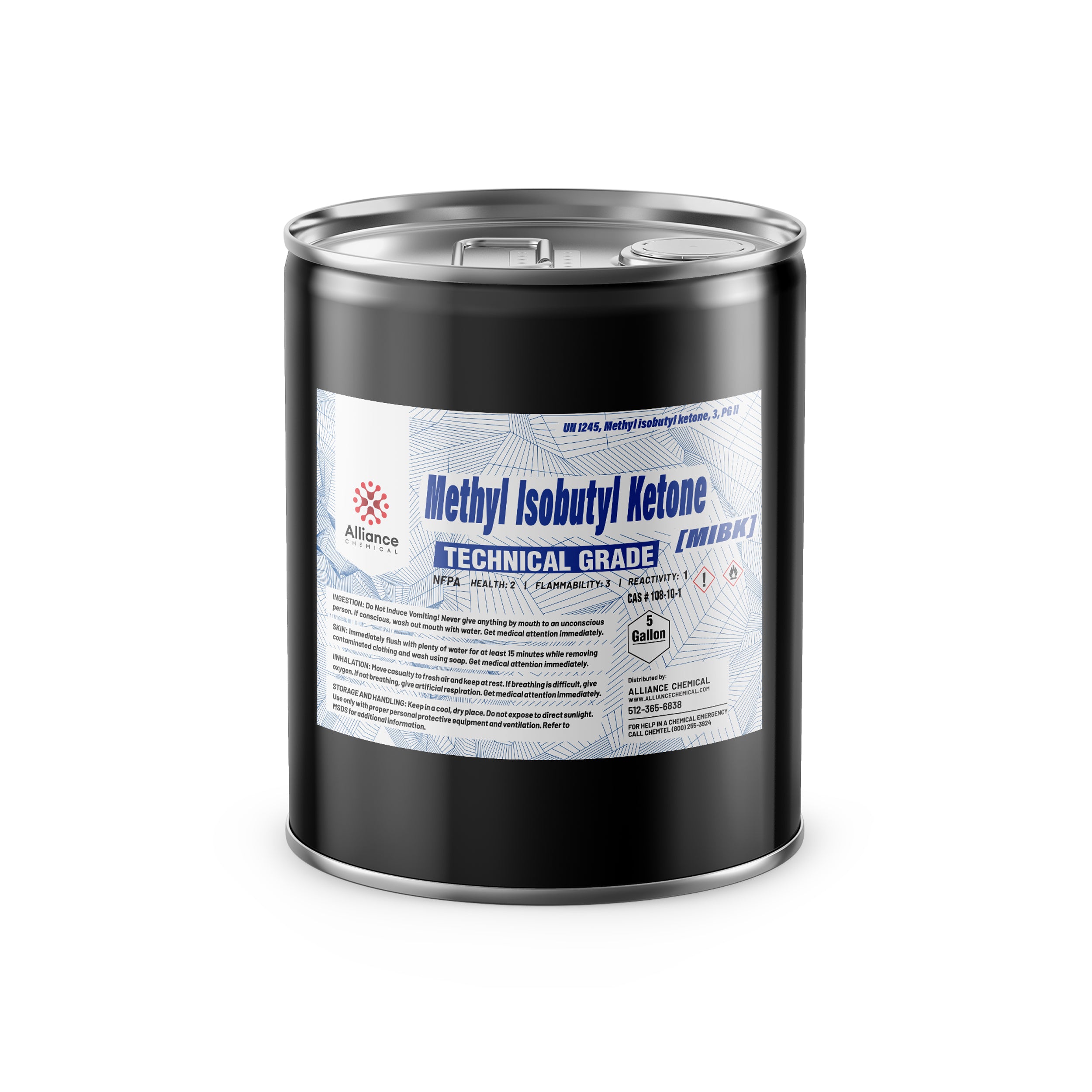 5-gallon black steel drum of Methyl Isobutyl Ketone (MIBK) Technical Grade with NFPA diamond, Alliance Chemical label, UN1245 classification.